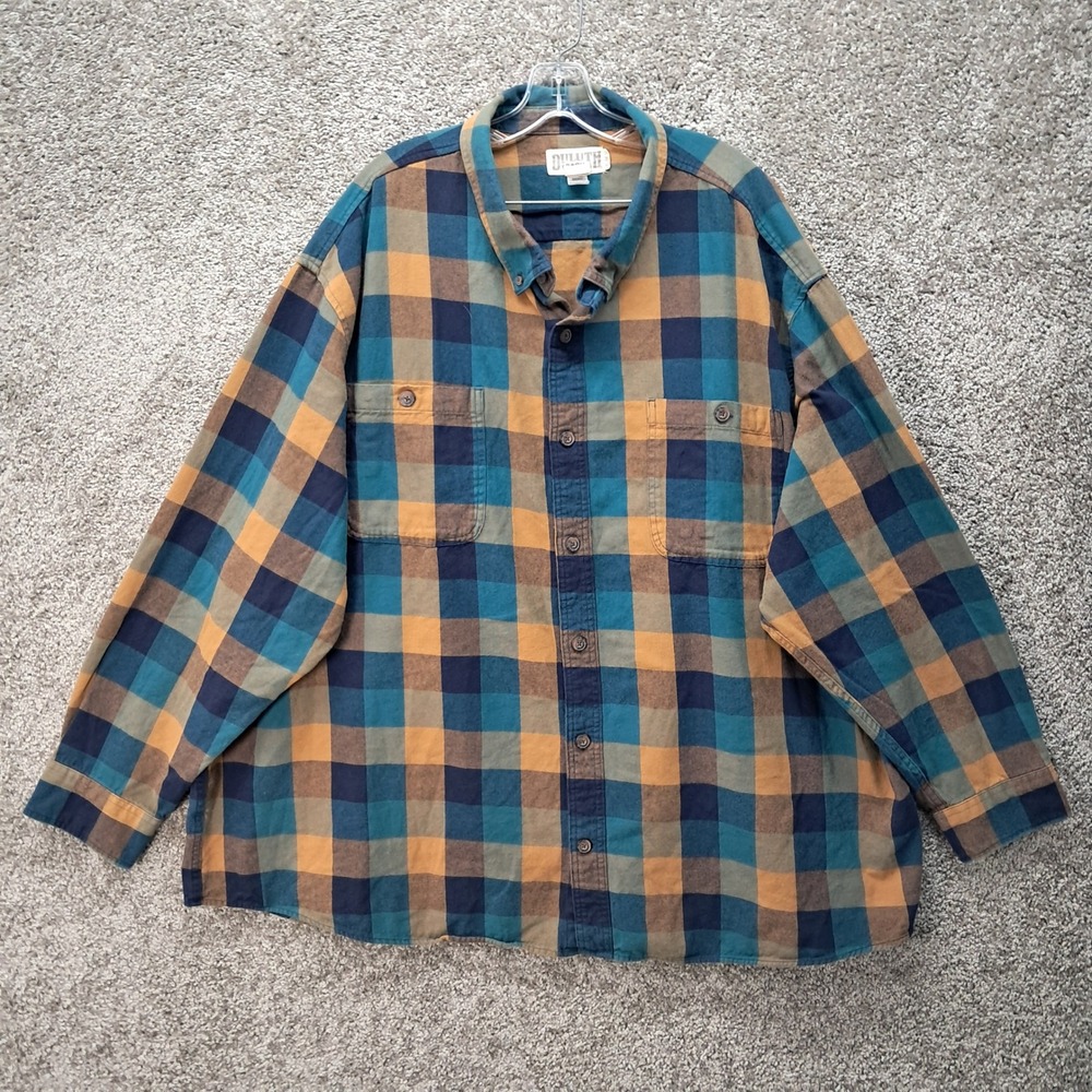 Duluth Trading Co Mens 4XL Relaxed Fit Plaid Button Down Shirt Teal Navy 8118